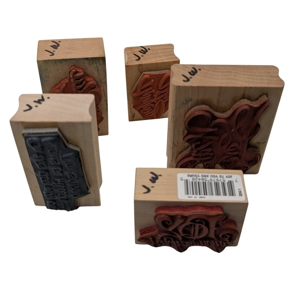 Vintage Wood Mounted Rubber Stamp Set Holidays Sayings Craft Seven Piece Set SEE